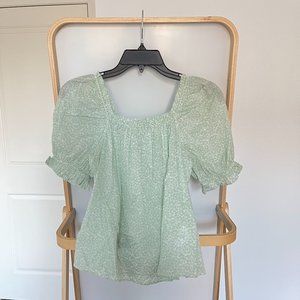 & Other Stories Green Floral Frilled Puff-Sleeve Blouse